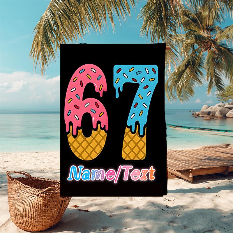 1PC Custom Name "Sweet Ice Cream Celebration" Beach Towel Highly Absorbent And Sand-Resistant Towel for Swimming, Pool, Yoga, And Travel Lightweight