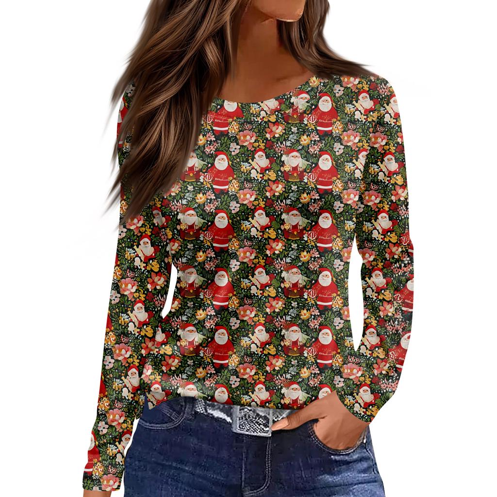Women's Fashion Hem Slit Casual Christmas Printed Round Neck Long Sleeve Top
