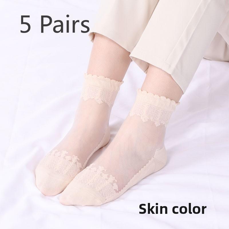5 Pairs of Women's Spring Thin Mid Cylinder Cotton Sole Lace Lace Socks