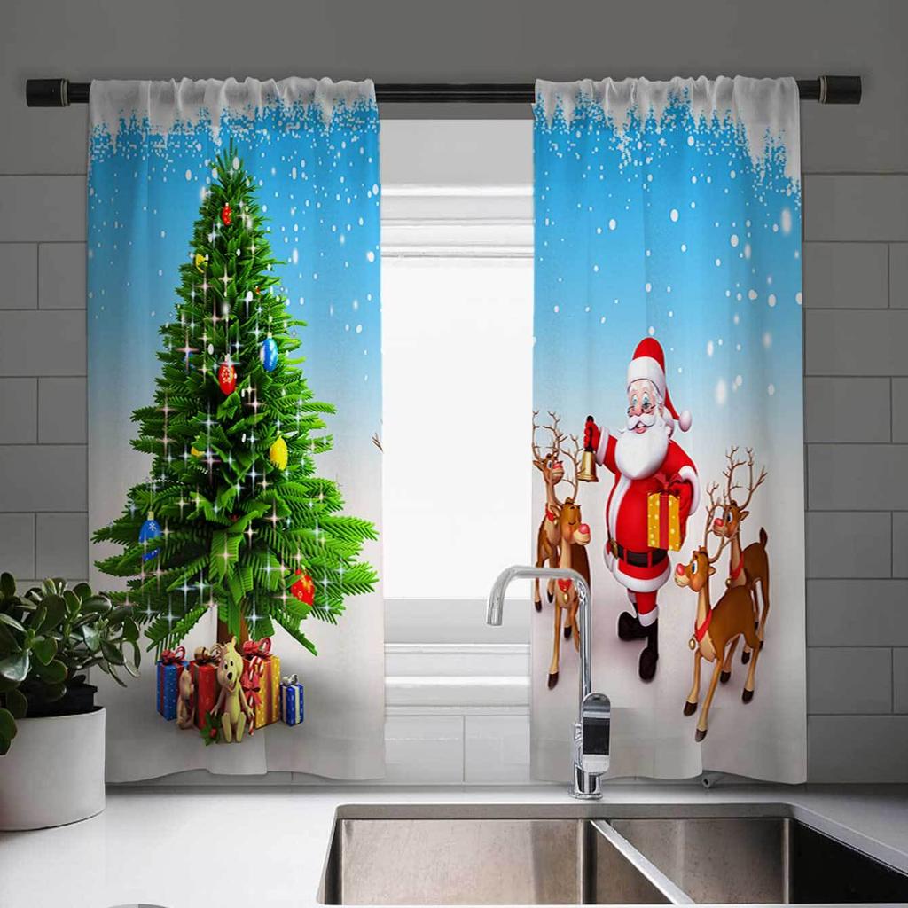 2pcs Christmas Themed Window Drapes Festive Tree Ribbons Lights Gifts Print Semi-Sheer Woven for Kitchen Living Room Bedroom