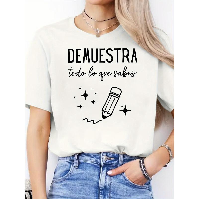 

Women s Spanish Letter Print T-Shirt Casual Round Neck Short Sleeve Summer Top S белый