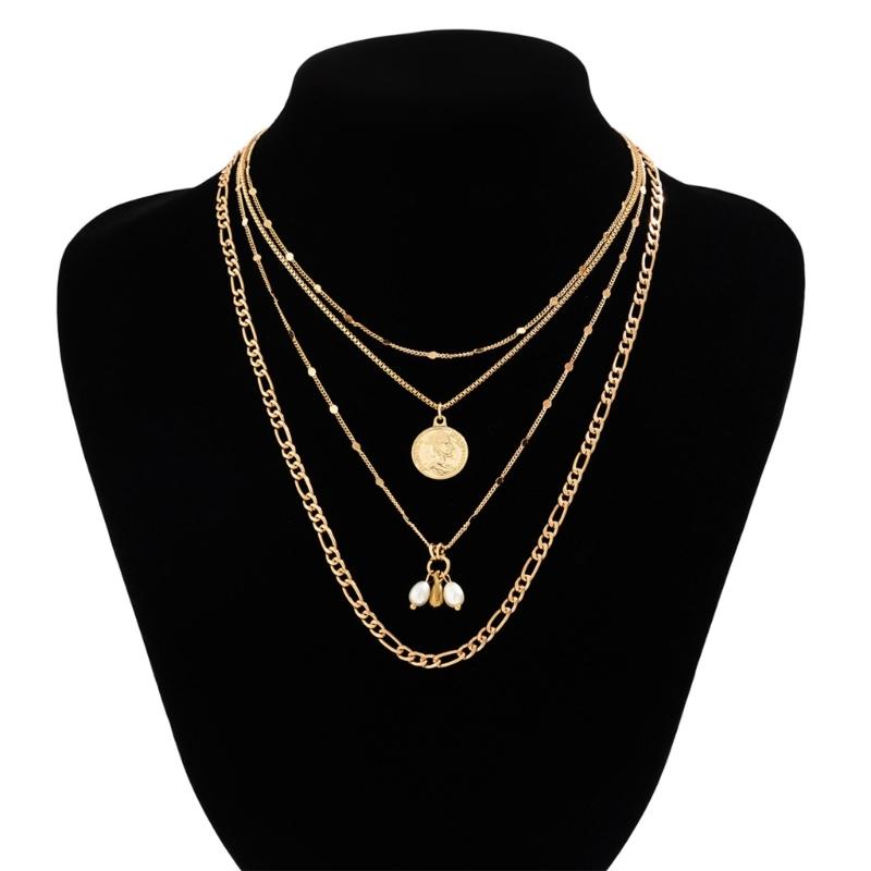 Modern Multi Layer Alloy Necklace Featuring A Combination Of Metal Sequins And Pearls For A Fashion Statement