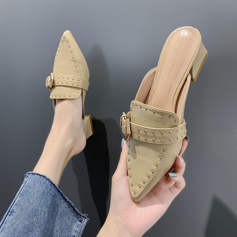 Fashion Women's Baotou Slippers Spring New Pointed Head Shallow Mouth Rivets Metal Buckle Anti-slip Wear-resistant High Heels