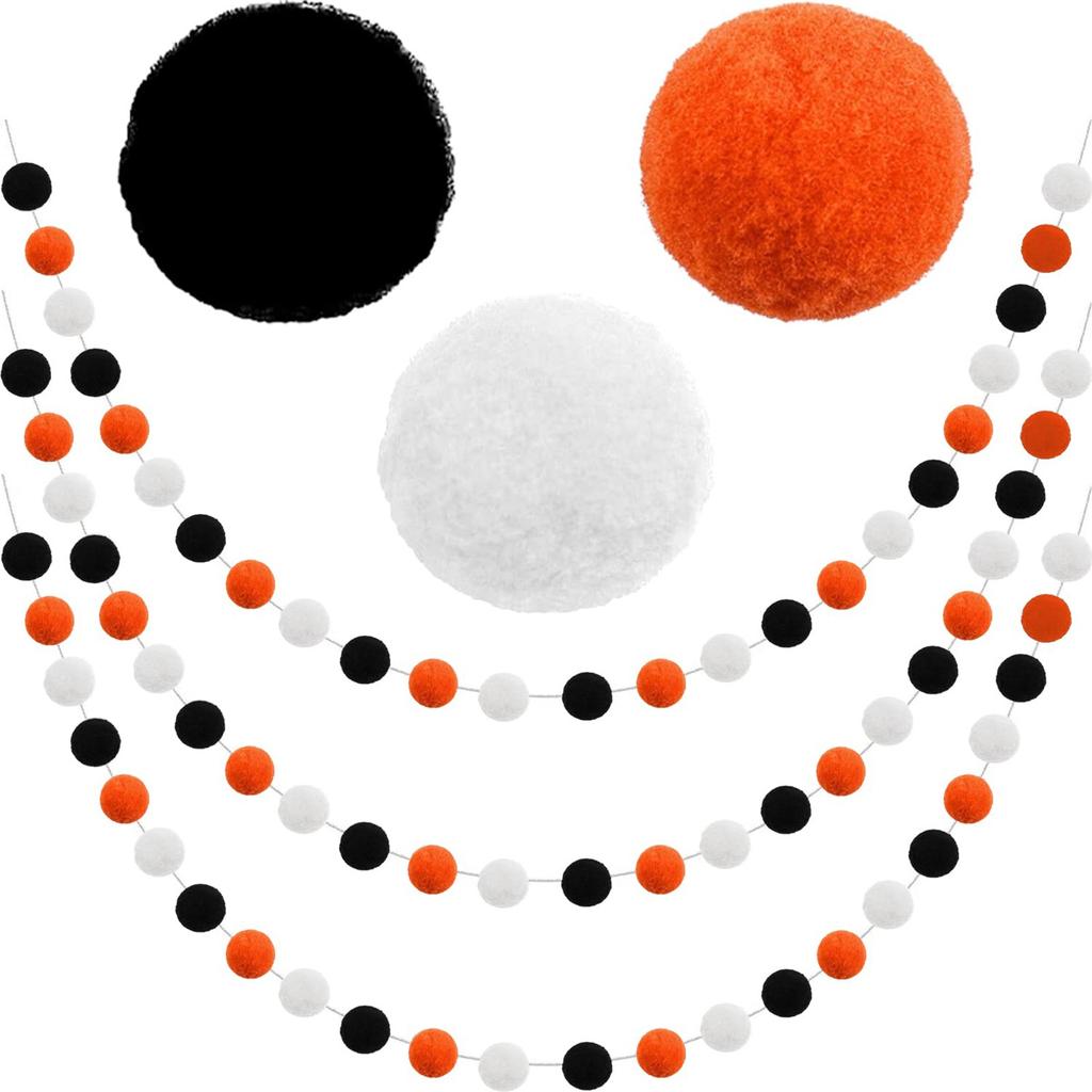 3pk Halloween Fall Felts Ball Garland Thanksgiving Decorations Indoor Home Room Decor Cute Hanging Orange Black Pompom Bead Christmas Tree Ornament