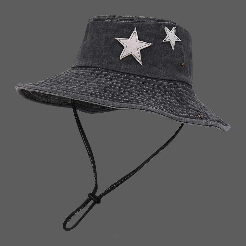 Factory Custom Star Embroidered Wide Brim Washed Cotton Men Hiking Fishing Bucket Hat custom made