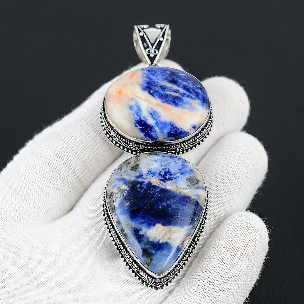 Sodalite Gemstone Handmade 925 Sterling Silver Jewelry Pendant Double Stone Antique Pendant Natural Sodalite Gemstone Pendant For Gifts