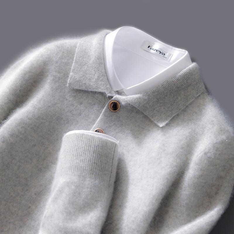 Polo-neck Cardigan Mens Autumn and Winter Latest Single Color Business Cashmere Knitted Base Top Versatile Warm Pullover Sweater