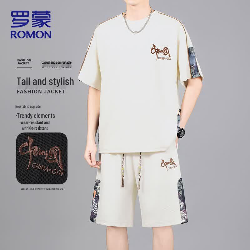 ROMON Men s Chinese Style Embroidered Summer Two-Piece Set 4XL