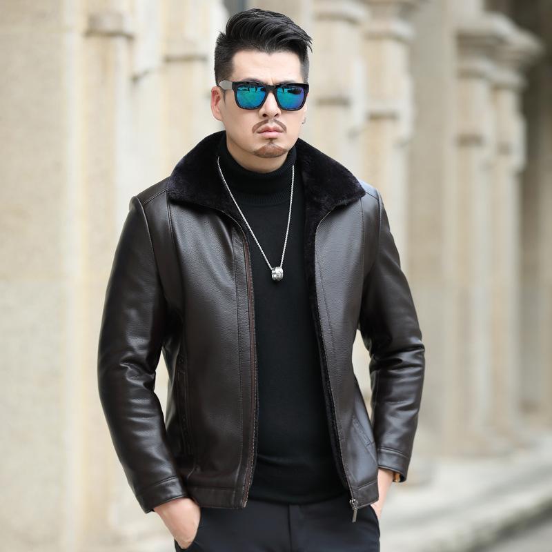 

Куртка из натуральной кожи с лацканами в стиле мотоцикла, пальто большого размера для папы, плюс утолщенный бархат, повседневная одежда для мужчин среднего возраста 4XL
