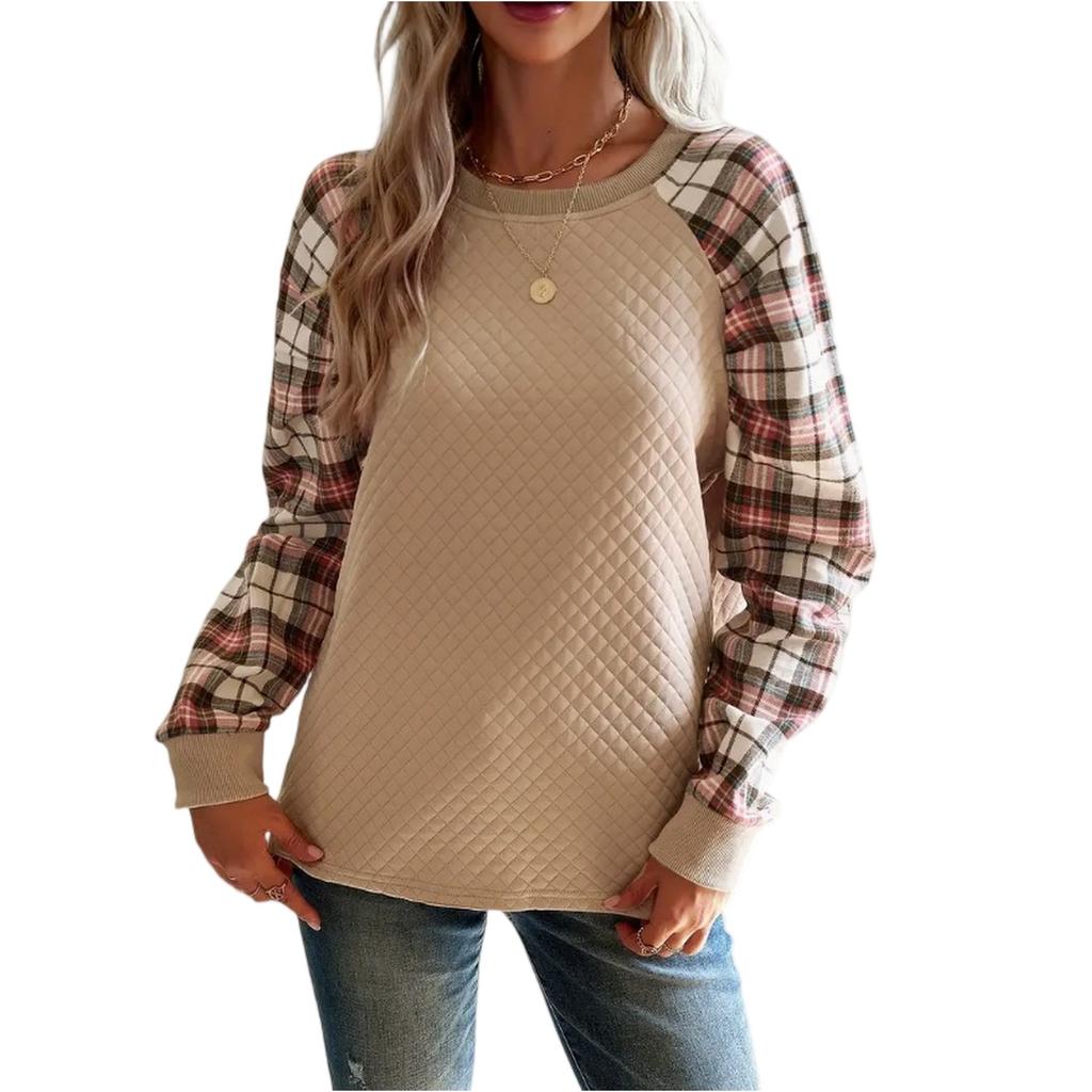 Ladies' Casual And Fashionable Diamond Patterned Patchwork Long Sleeved Round Neck Top