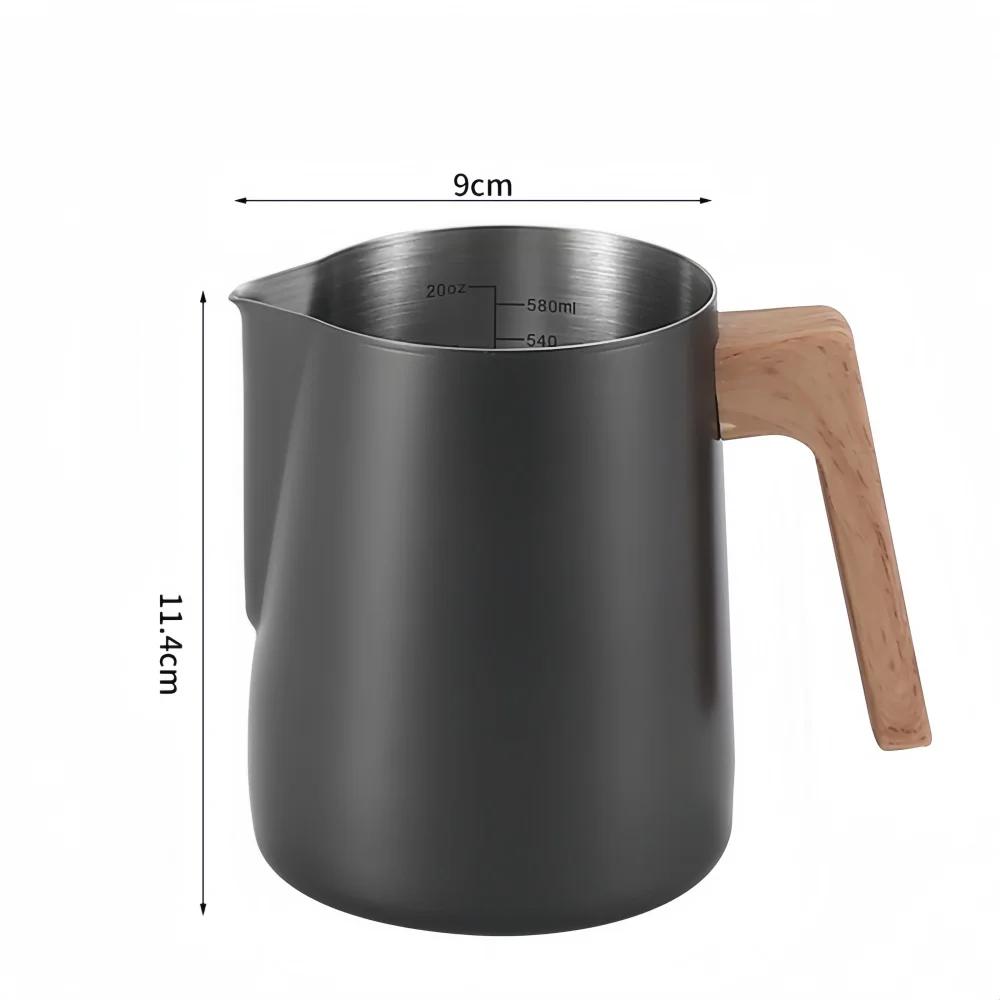 Jarra Jarra para Espumar Leche de Café Acero Inoxidable 304 Báscula de Precisión Mango con Textura de Madera Antiescaldado Utensilios de Café Profesionales