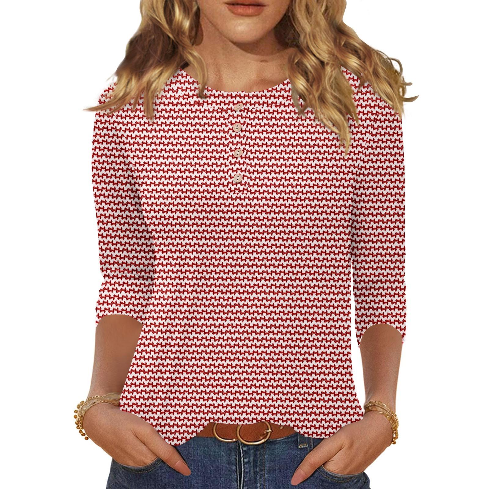 

Рубашки с рукавом 3/4 для женщин, рубашка на пуговицах, топ для женщин, блузка с принтом на половину пуговиц XL красный