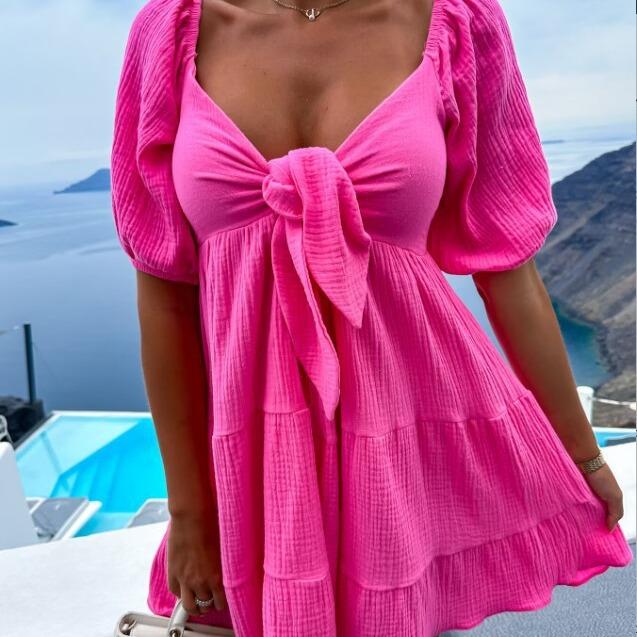 GMXIA Solid Color Print Summer Fashion Lace-up V-neck Short Sleeve Dress