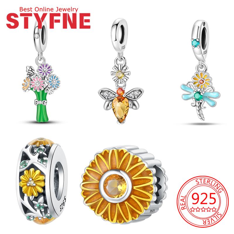 Original Copper Charms Chrysanthemum Fower Yellow Beads Fit Bracelet Accessories Charms Jewelry Making Fine Gift