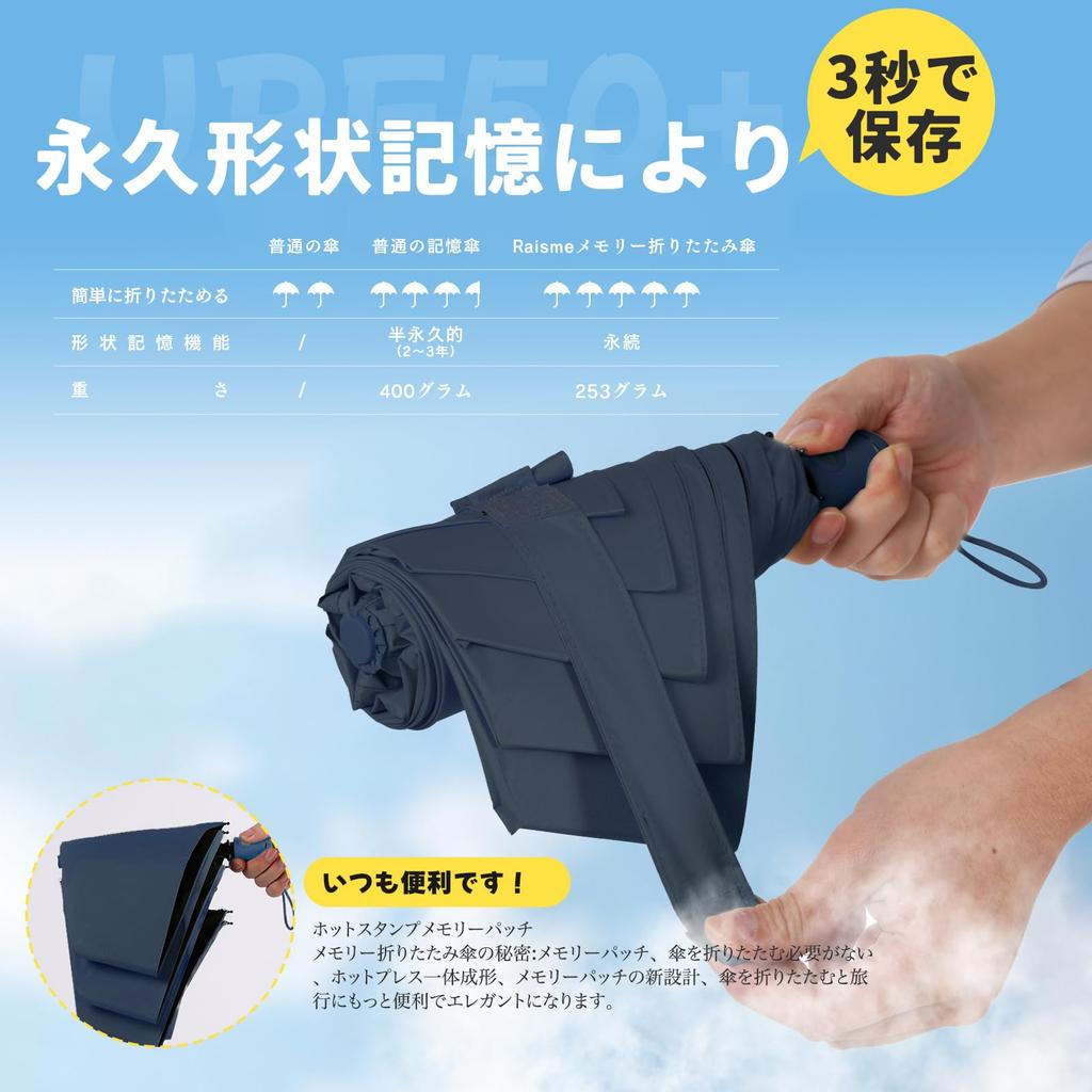 Folding Umbrella with Automatic Memory Suitable for and Compact Folding Black Open/Close Function, Foam, Ultra-Lightweight (256g), Wind-Resistant