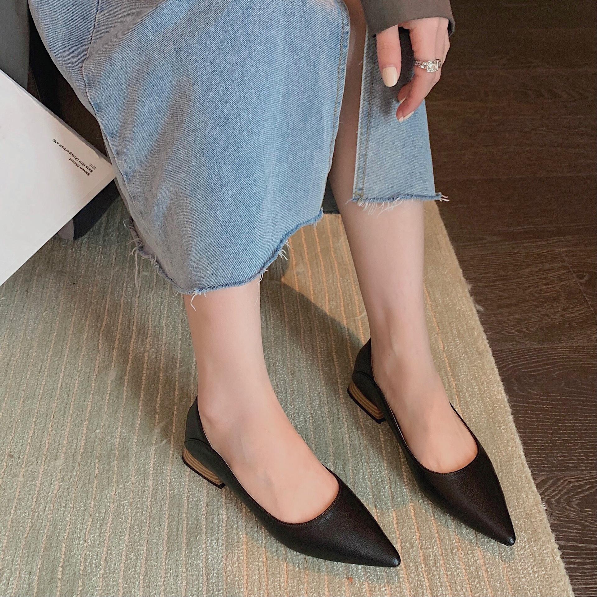 

Кожаные туфли на толстом каблуке с острым носком, женская весенняя новая корейская версия, профессиональная рабочая женская обувь для двух видов одежды 35