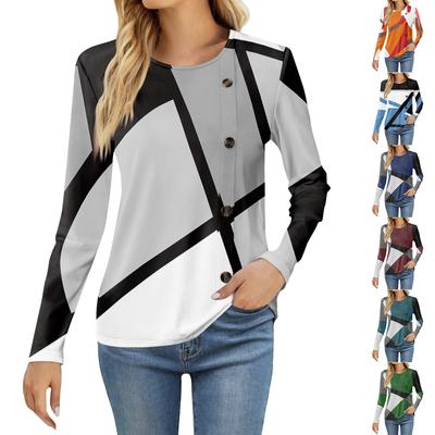 Camiseta informal de manga larga con cuello redondo y estampado para mujer