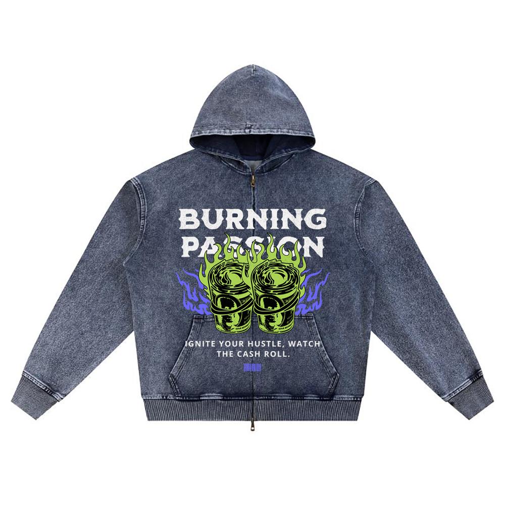 

DTG print Knitted Denim Zip-Up Hoodie Burning Passion Brother Print Zipper Hoodies XL темно-синий
