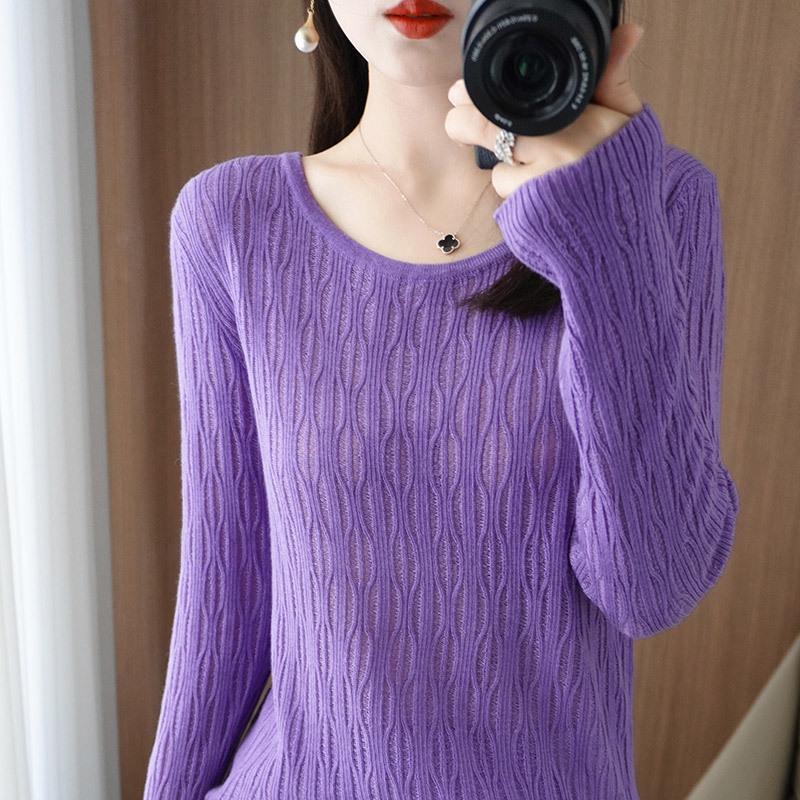 Women's Korean Style Loose Knit Pullover - Low Round Neck, Long Sleeve, Lightweight for Layering