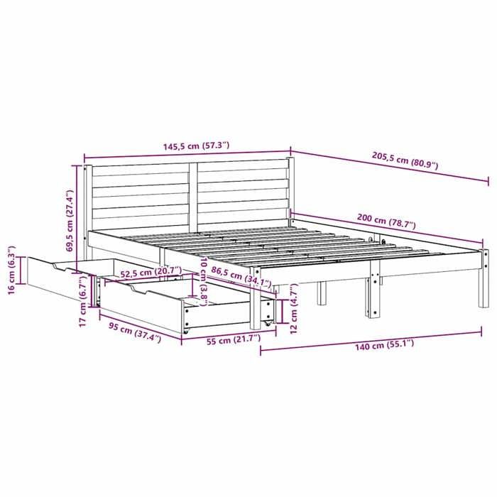 VidaXL Cadre de lit avec tiroirs blanc 140x200 cm bois de pin massif, sommier, cadre de lit double, cadre de lit en bois 3301541