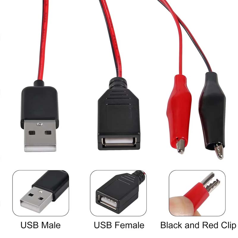 2pcs Circuit Test USB to Alligator Clip Adapter Cable Male Female USB to Alligator Clip Probe USB Cables with Alligator Clip