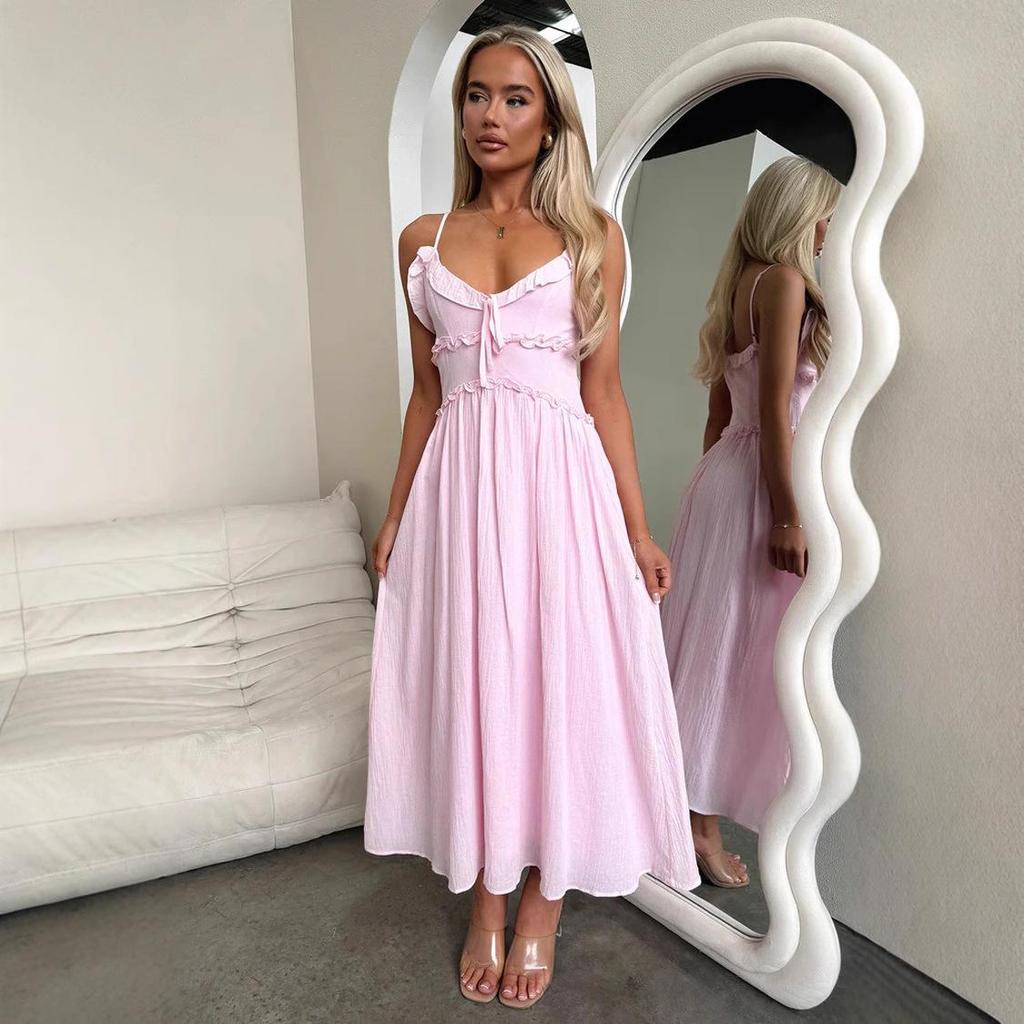 2026 European Spring/Summer Spaghetti Strap Ruffle Dress - Casual Loose Vacation Wear for Women