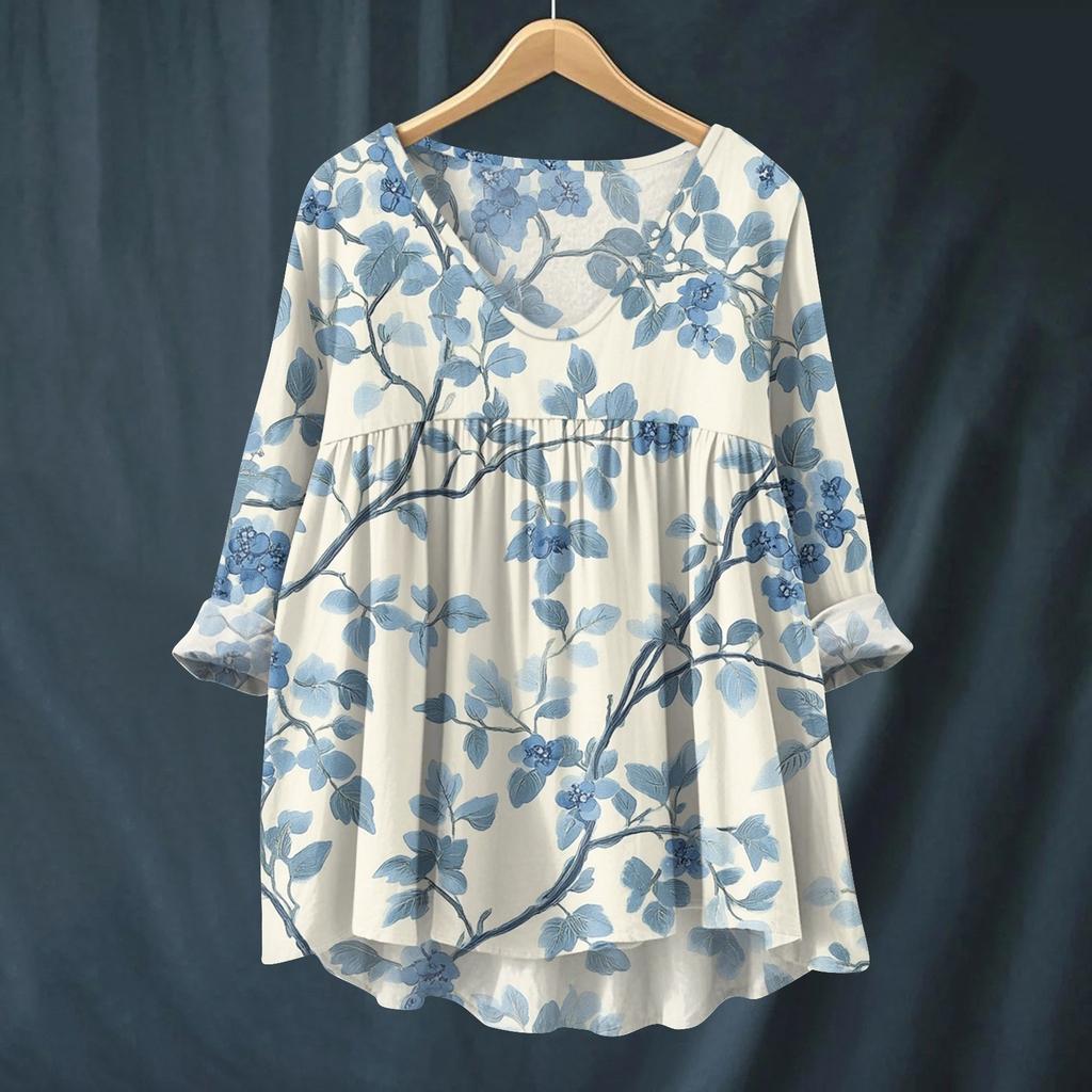Women's Fashionable And Casual Shirt Long-sleeved V-neck Print Cotton And Linen Blouse