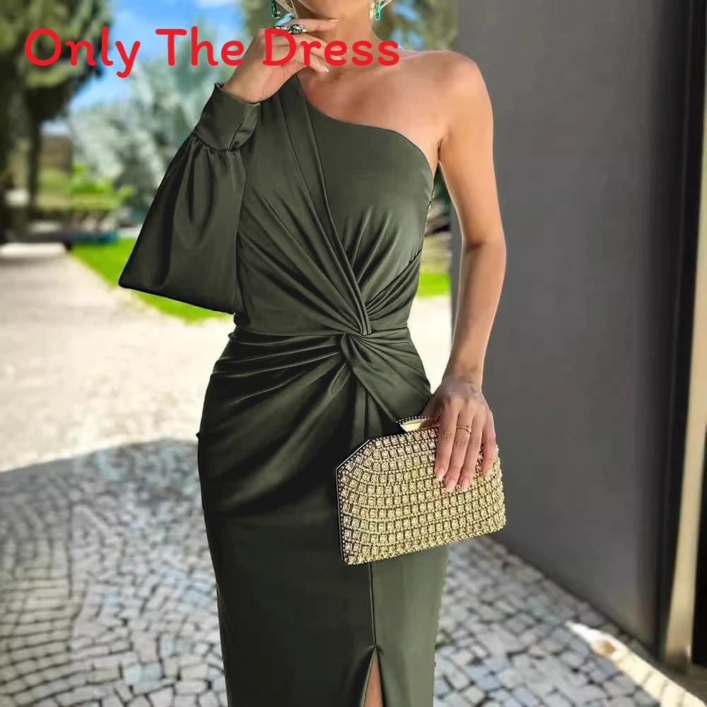 Summer Off Shoulder Wrap Dress With Slit In Stretch Polyester For Casual Wear