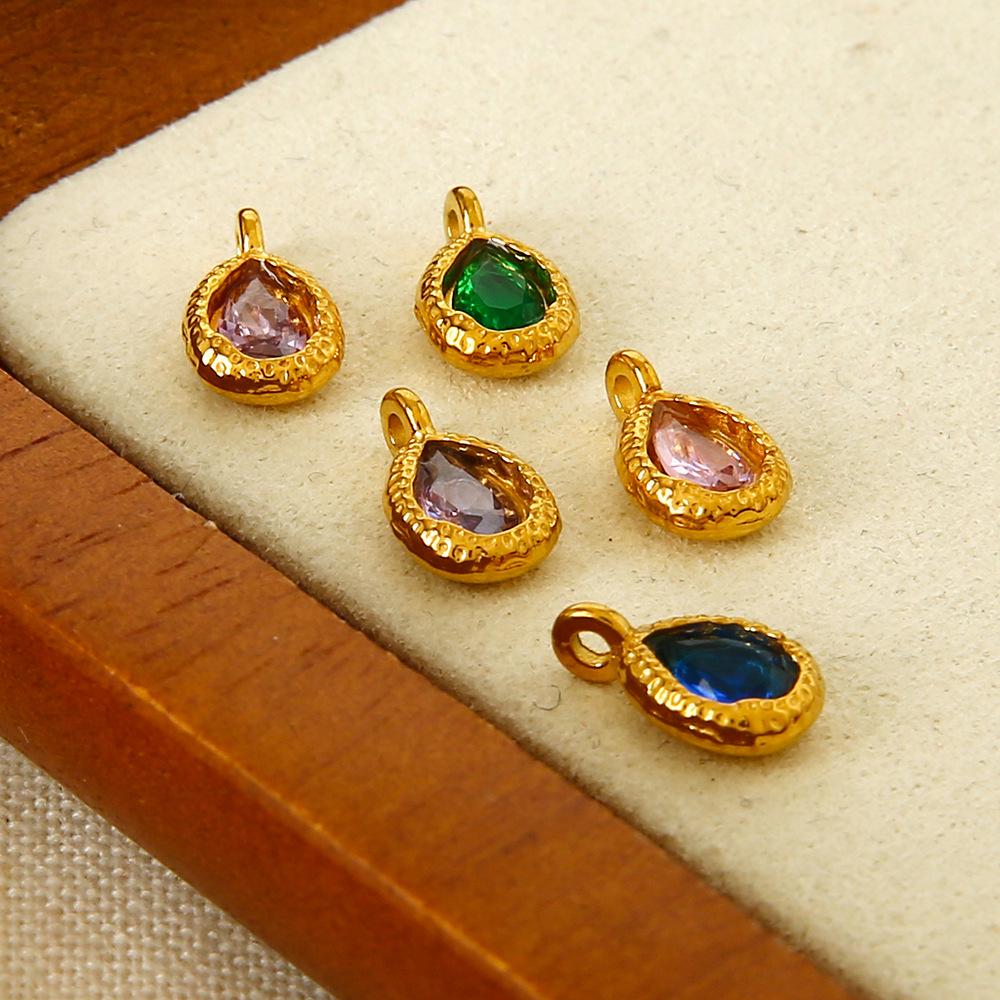 18K Gold-Plated Zircon Water Drop Hammered Pendant - Stainless Steel, Waterproof DIY Jewelry Accessory