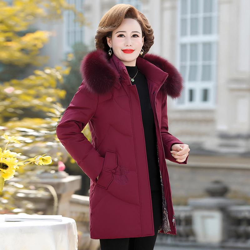 

Женский очень толстый отстегивающийся пуховик - Теплая зимняя верхняя одежда для мам среднего возраста, доступен большой размер, пух белой утки. 3XL (suggested 65-70 kg) вино красного