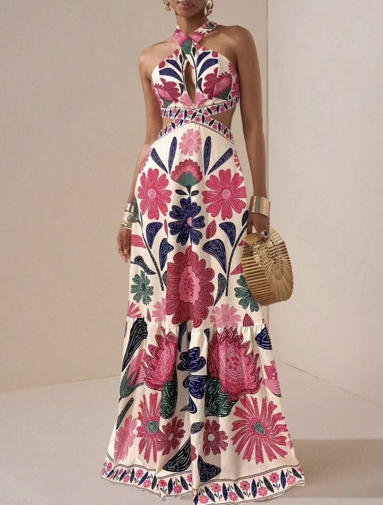2026 European and American summer new product printed neck bohemian long dress S