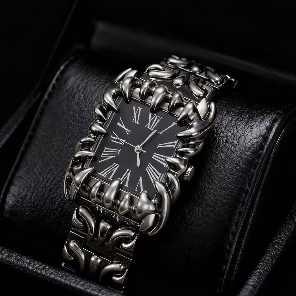 Men Y2K Black Quartz Watch Irregular Dial Retro Fashion Wristwatch