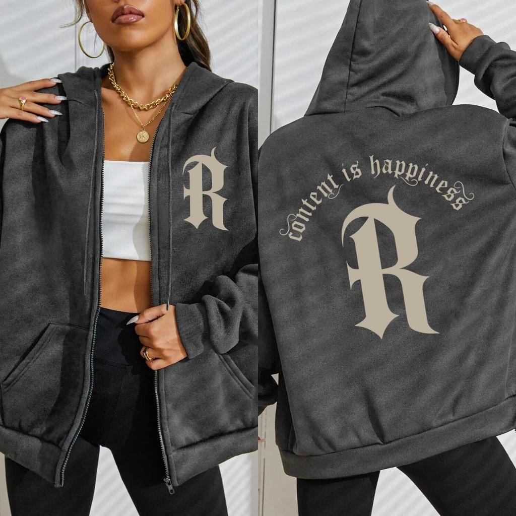Content Is Happiness Letter R Pattern Zipper Hoodie Woman Fashion Casual Hoodies Loose Multicolor Hoody Clothes