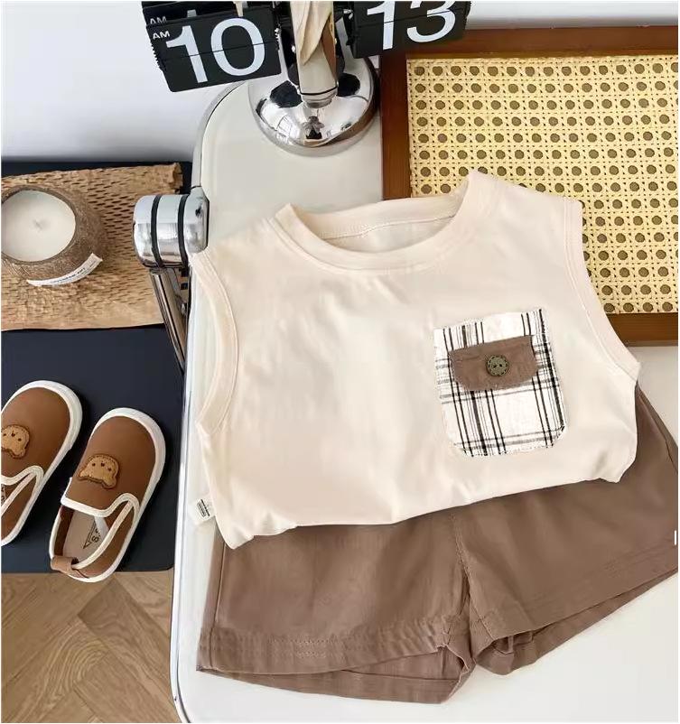 0-5-Year-Old Boy's Sleeveless Set - Round Neck Checkered Pocket Top+Casual Shorts - Children's Handsome Cotton Clothes - Size S-XXL