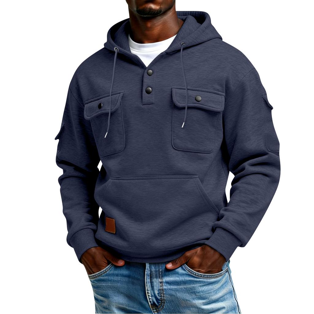 Men's Winter Solid Color Button-Down Collar Multi-Pocket Hoodie Men's Sports Plus Size Casual Sweatshirt