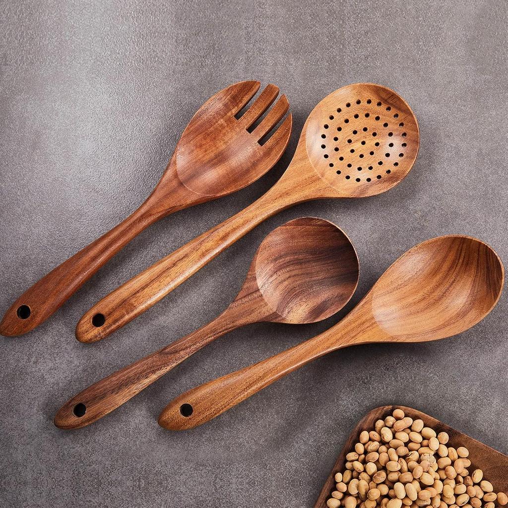 9 Piece Handcrafted Wooden Utensil Set for Non Stick Cookware