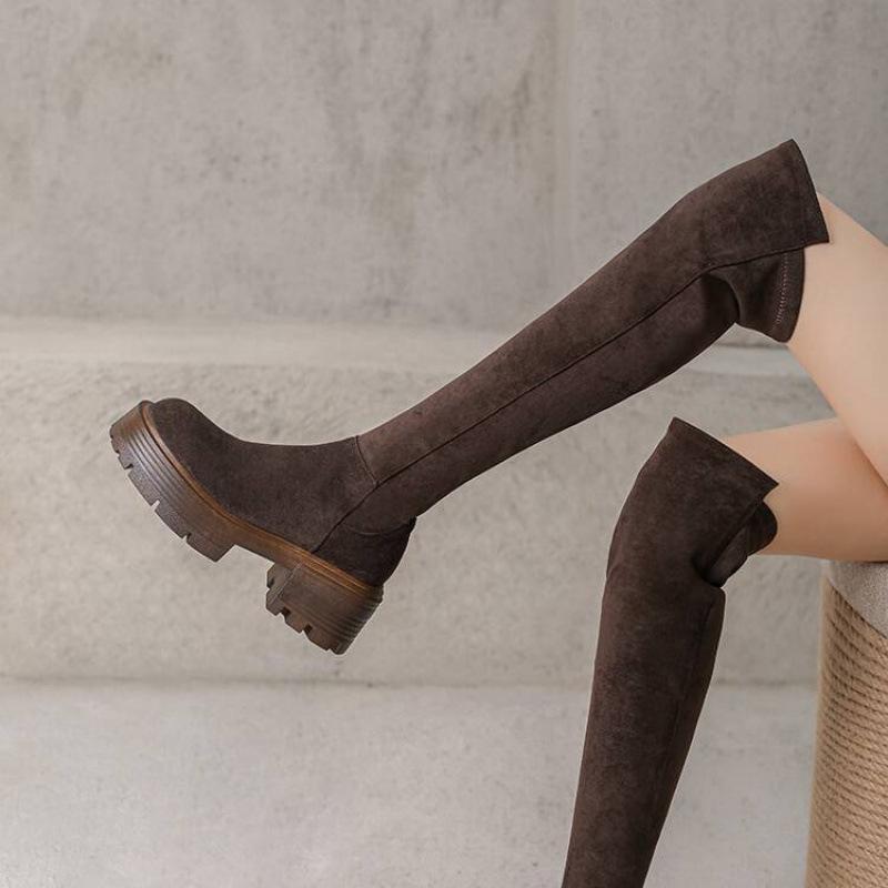 Herbst- und Winter-Wildleder-Stretch-Kniestiefel, neue hochhackige, dicksohlige, rutschfeste Damenstiefel mit runder Spitze, koreanische Version in großen Größen Marti