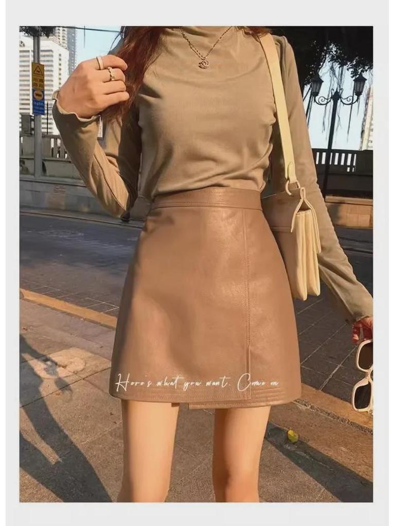 2024 Dame Høst/Vinter Høy midje Retro A-linje Kaffe Matt PU-skinnskjørt