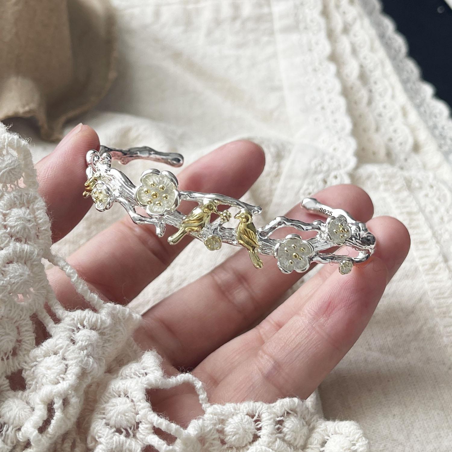 

100% Solid 925 Sterling Silver Retro Bracelet for Women Geometric Cute Flower Handmade Sparkling Simple Bracelet Birthday Gift
