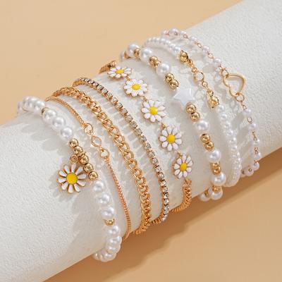4Pcs/set Vintage Flower Heart Bead Bracelet Set Zircon  Gold Chain Bracelets for Women Jewelry Accessories