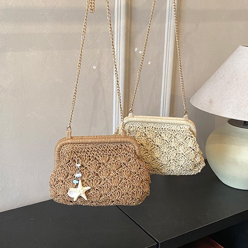Yogodlns Women Straw Shoulder Bag Chain Strap Woven Crossbody Bags Large Capacity Cloud Clutch Purse Stylish Solid Color Beach Handbags