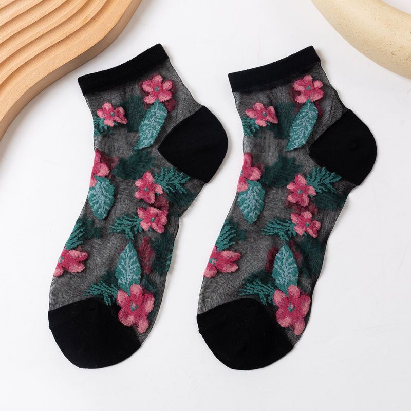 Floral Short Socks for Women In Summer Thin Design with Floral and Leaf Patterns Low Cut and Shallow Mouth Crystal Silk Glass Stockings
