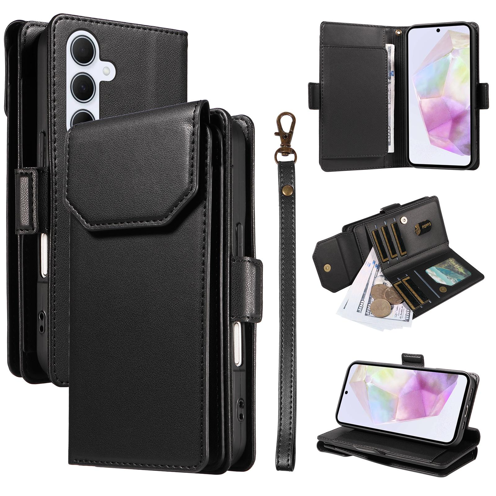 

Чехол для Samsung Galaxy A35 5G с держателем для нескольких карт и ремешком, чехол для телефона из ПУ кожи, подставка Black