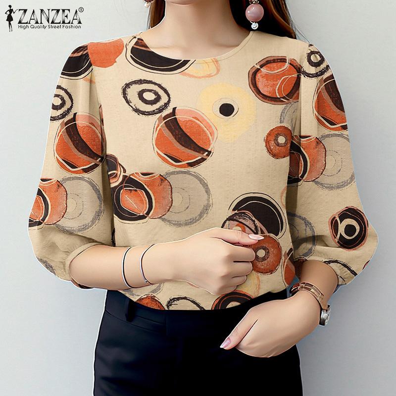 ZANZEA Dame Casual Rund Hals 3/4 Erme Løs Print Bluse