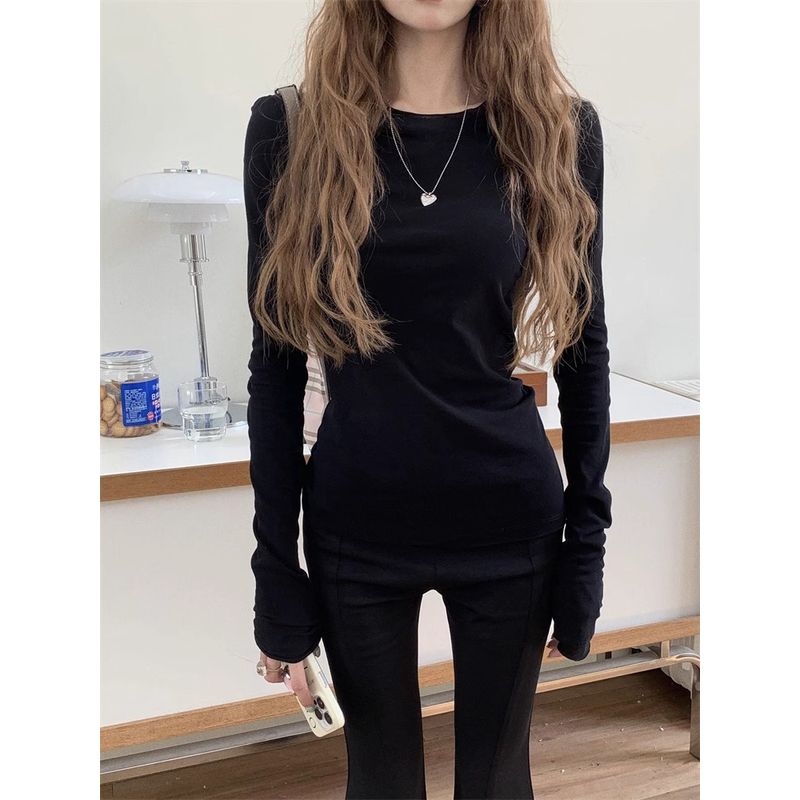 

Korean Style Blue round Neck Micro-Transparent Curling Long Sleeves Bottoming Shirt Women s Autumn Sexy Thin Silm Figure Flattering T-shirt Top Black M