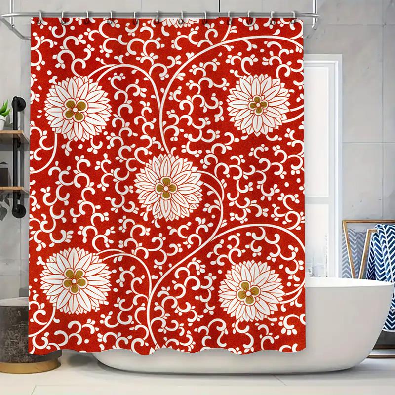 

Декоративные Шторы для Ванной Цветочный Красно-Белый Принт Штора для Душа для Украшения Ванной Водонепроницаемая Ткань с Набором Колец-Крючков в 90x180cm