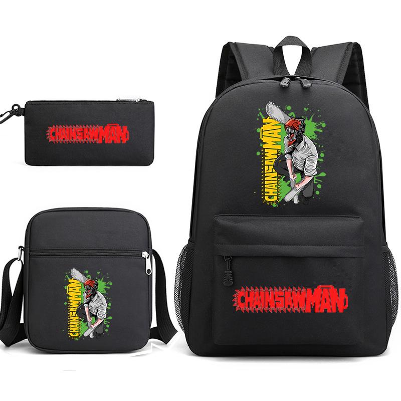 Chainsaw Man Print Student Backpack Set with Crossbody Bag and Pencil Pouch for Boys Girls Daily Use