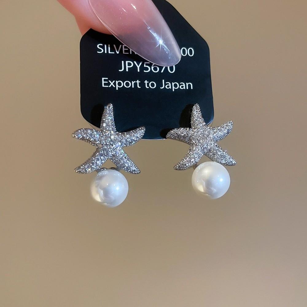 Ocean Style Starfish Starfish Pearl Stud Earrings Crystal Starfish Ear Studs  Girl Couple Gift