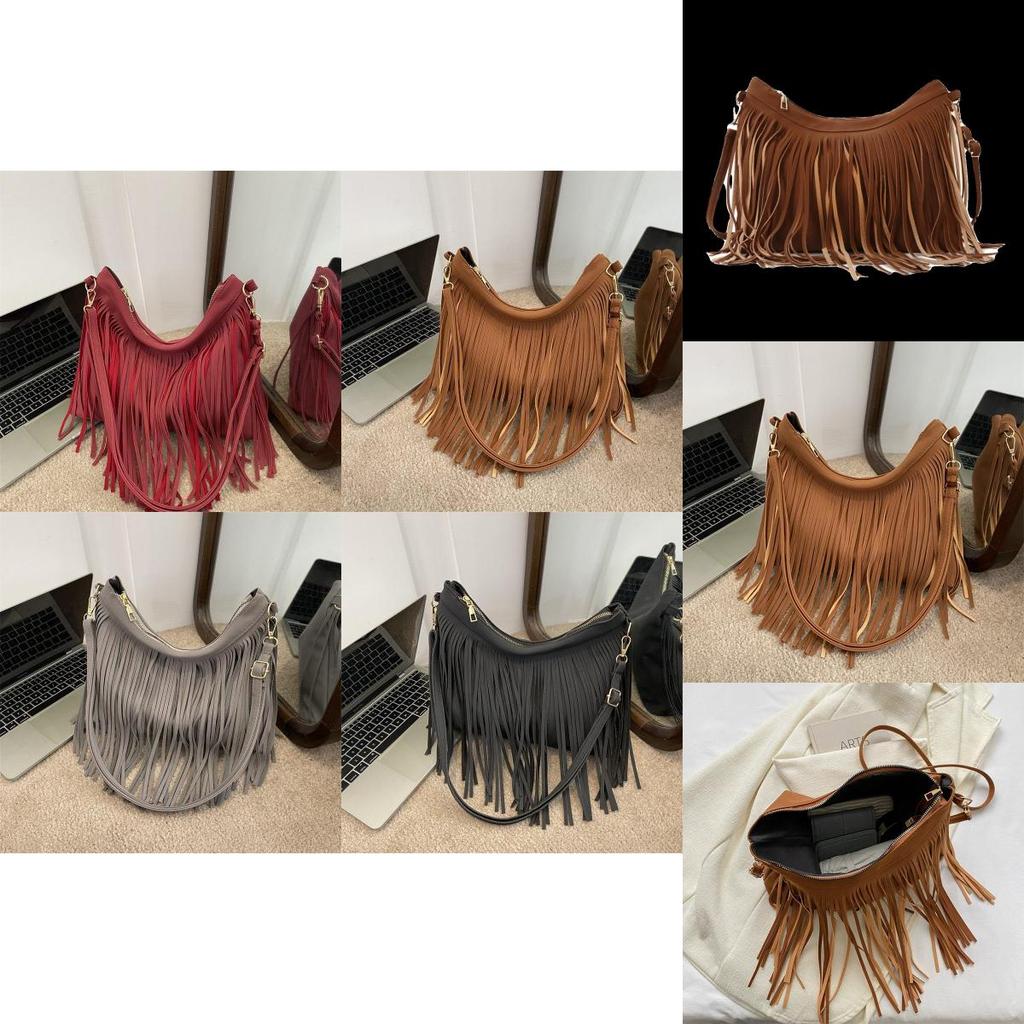 Borsa a Spalla Chic Retrò in Morbido Camoscio con alla Moda Design a Frange Perfetta per l'Autunno