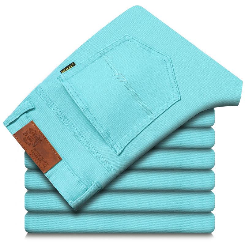 Letní lehké jednobarevné minimalistické pánské džíny Slim-fit rovná nohavice business všestranné travnatě zelené pánské dlouhé kalhoty